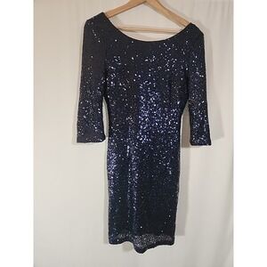 LULUS Delightful Ways Navy Blue All Over Sequin Mini Body Con Dress Womens M